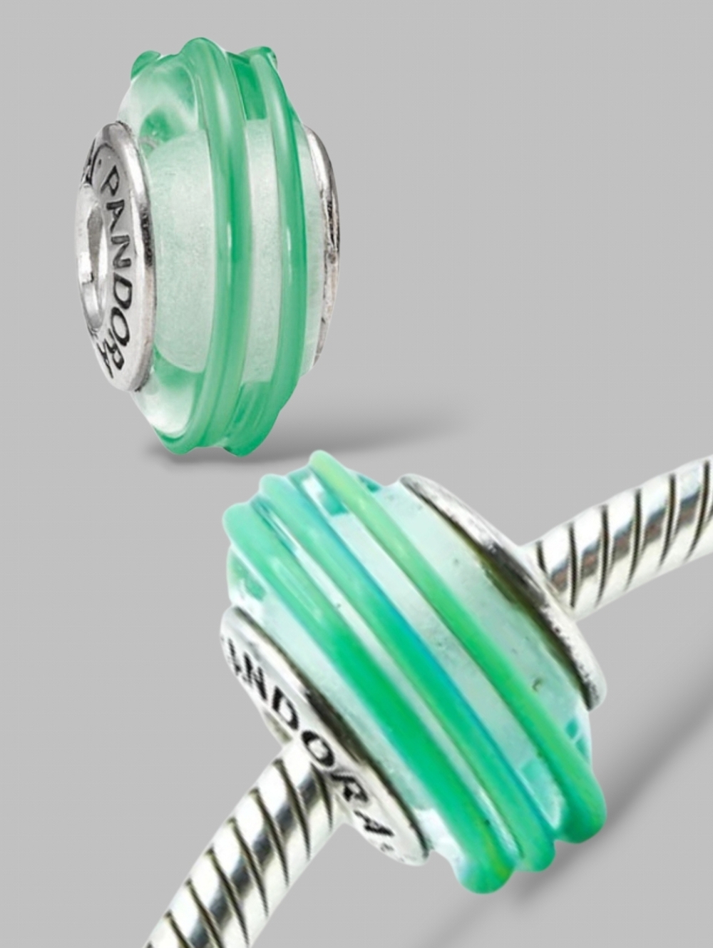 PANDORA Sterling Silver Clear Teal Murano Glass Ribbon Bead Charm Retired